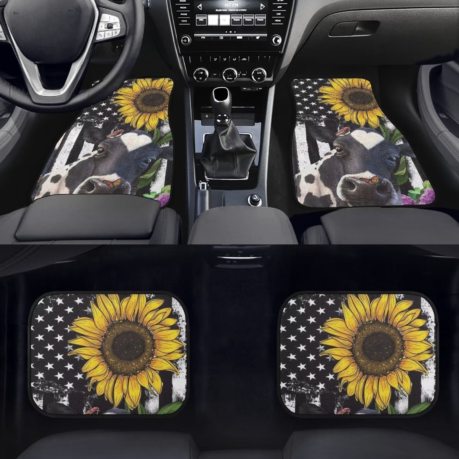 FKELYI Car Floor Mat with Cow Sunflower for Women Men Thick American Flag Foot Carpet Rug Hard-Wearing Car Floor Mat Bench Universal for Auto Car SUV Truck