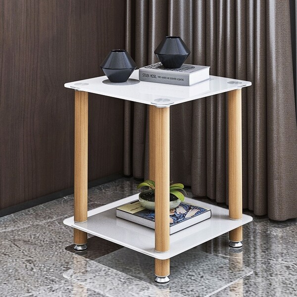 2-tiers Storage Shelf End Table Modern Rectangle Side Table with Metal Tube Legs Sofa Table with Tempered Glass Tabletop