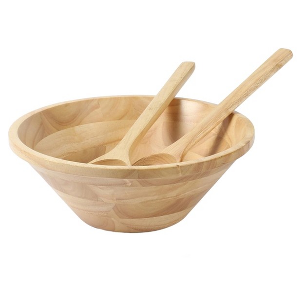 Martha Stewart Coban 3 Piece Rubber Wood Salad Bowl And Servers Set In Light Brown