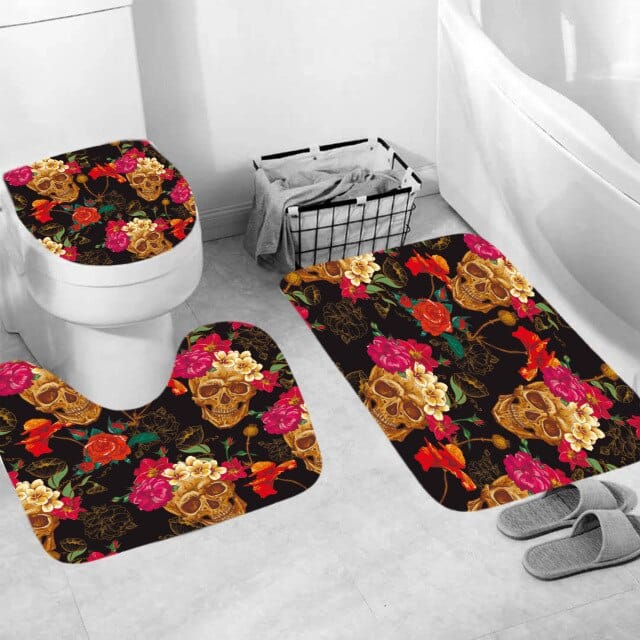 Skull Print Shower Curtain, Bath Mat, Toilet Lid Cover Or Bathroom Carpet