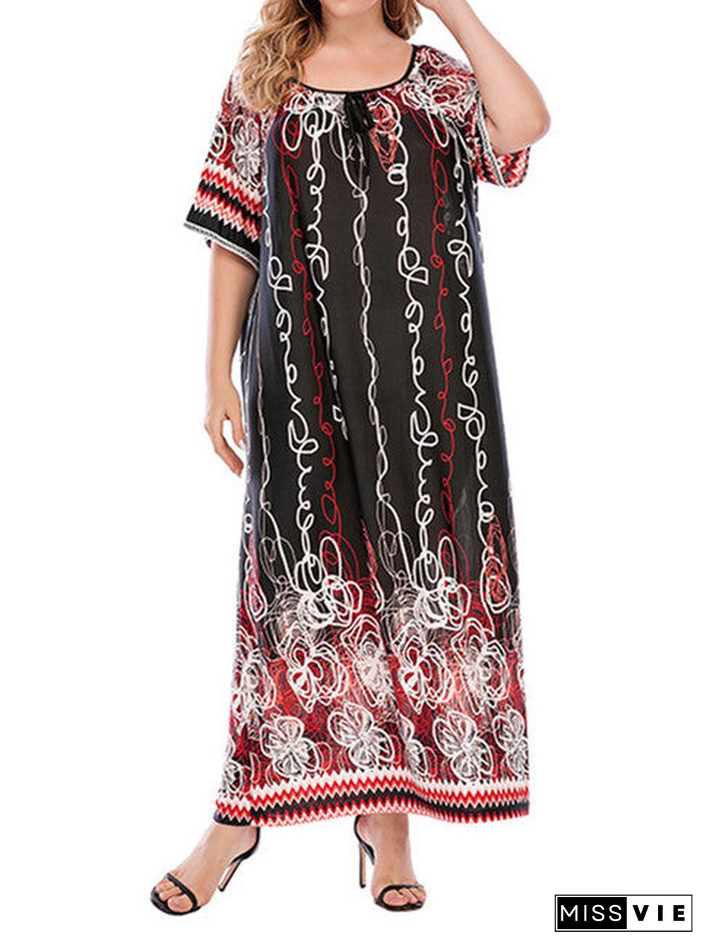 Women's Short Sleeve Round Neck Printed Plus Size Casual Homewear Dress