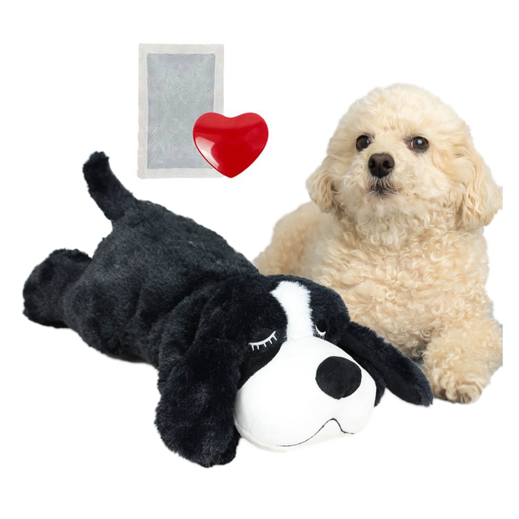 AIPINQI Doggy Heartbeat Stuffed Toy， Pet Anxiety Relief Sleep Aid Calming Toys， Black White