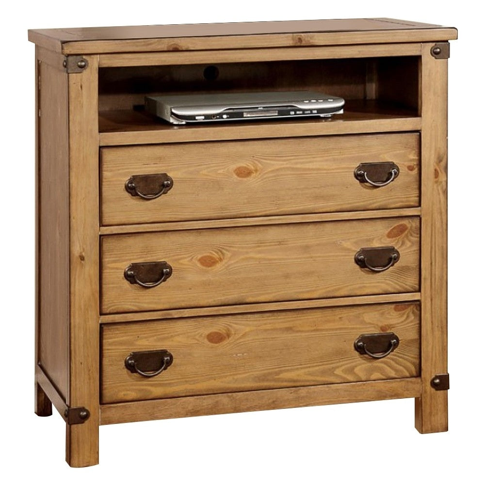 Cottage Style Wooden Media Chest with Three Drawers, Brown- Saltoro Sherpi