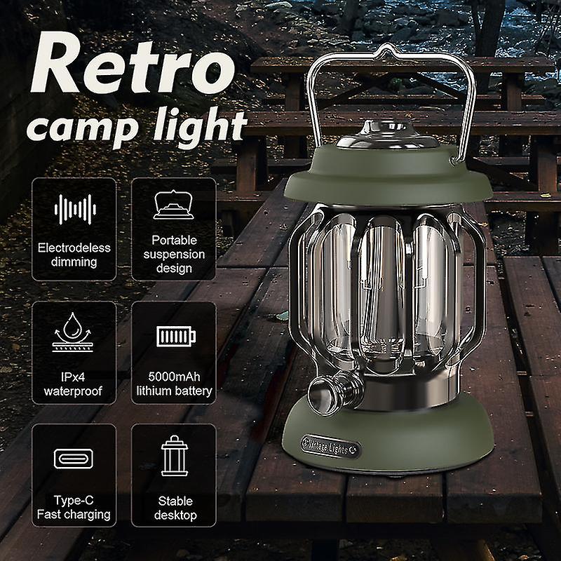 Retro Outdoor Camping Lantern Metal Decorative Waterproof Table Lamp Rechargeable Warm White Decor Lantern For Pathway Garden