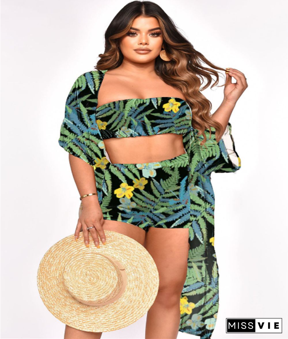 Beach Boho Print Blouse+Crop Top+Shorts 3 Piece Sets