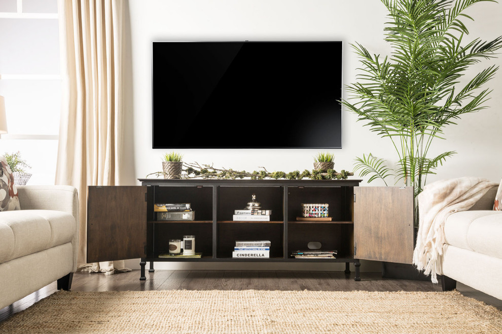 60 quotWooden And Metal Frame Tv Stand With 2 Open Shelves  Brown   Industrial   Entertainment Centers And Tv Stands   by VirVentures  Houzz