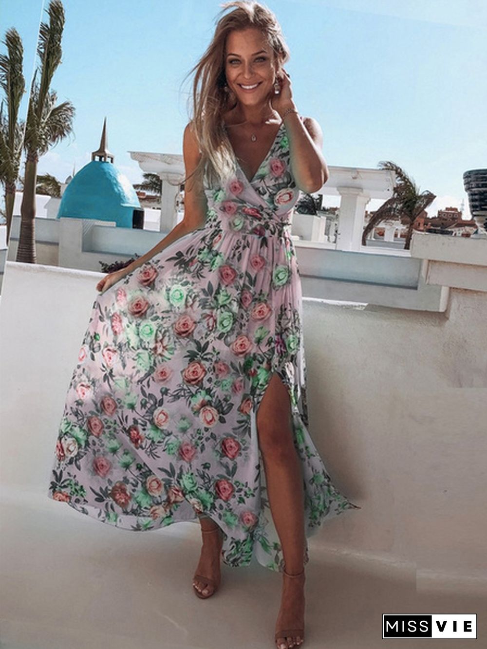 Women Fashion V Neck Sleeveless Floral Long Dress Hem Split Boho Beach Maxi Dresses Plus Size Sundress Vestidos Robes