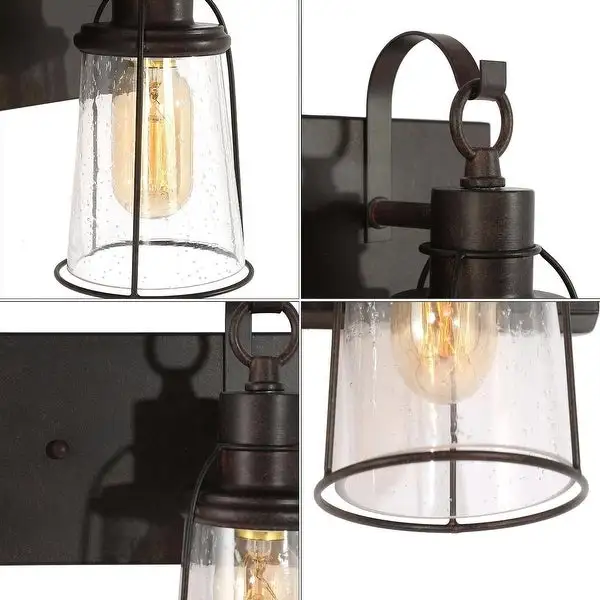 Farmhouse 3-Light Bronze Bathroom Vanity Lights Metal Cage Wall Sconces with Seeded Glass - 22