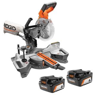 RIDGID 18V Brushless Cordless 7-14 in. Dual Bevel Sliding Miter Saw with 18V Lithium-Ion 4.0 Ah Battery (2-Pack) R48607B-AC87004P