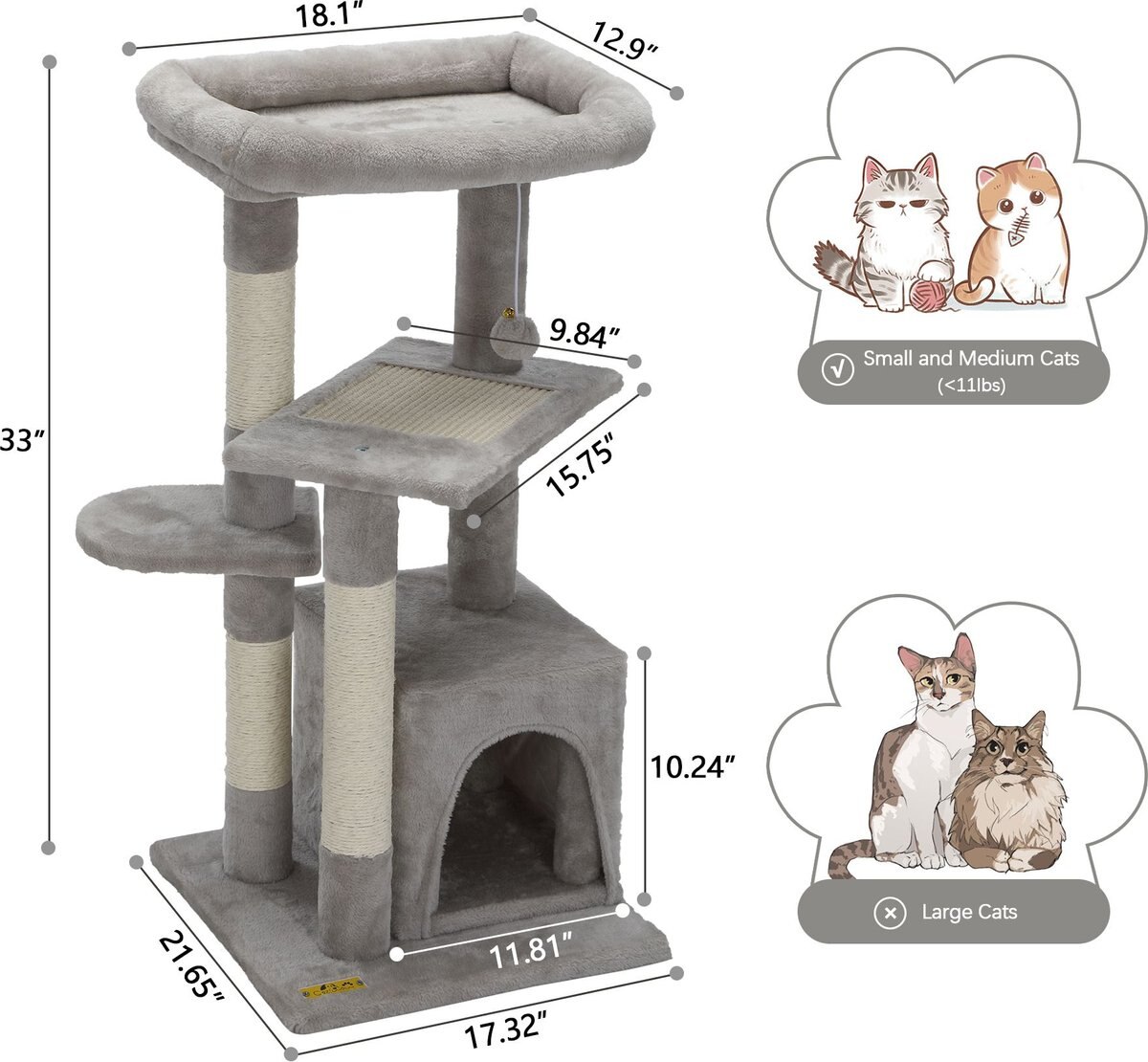 Coziwow by Jaxpety 33-in Small Cat Climbing Tree and Condo， Grey