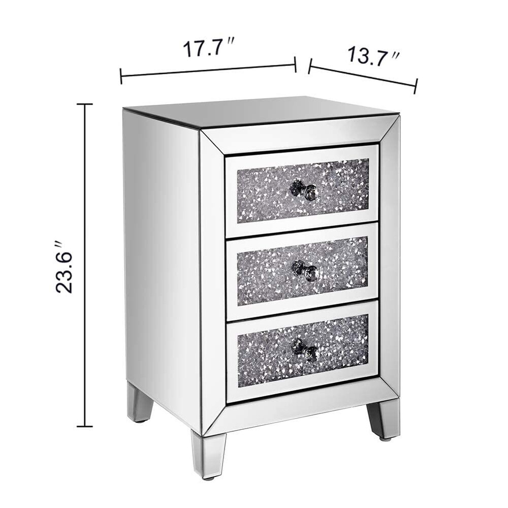 Mirrored Nightstand with 3 Drawers  Mirror Accent Silver Table for Living Room/Bedroom