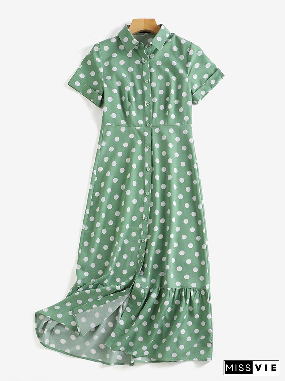 Polka Dot Button Lapel Short Sleeve Ruffle Shirt Dress