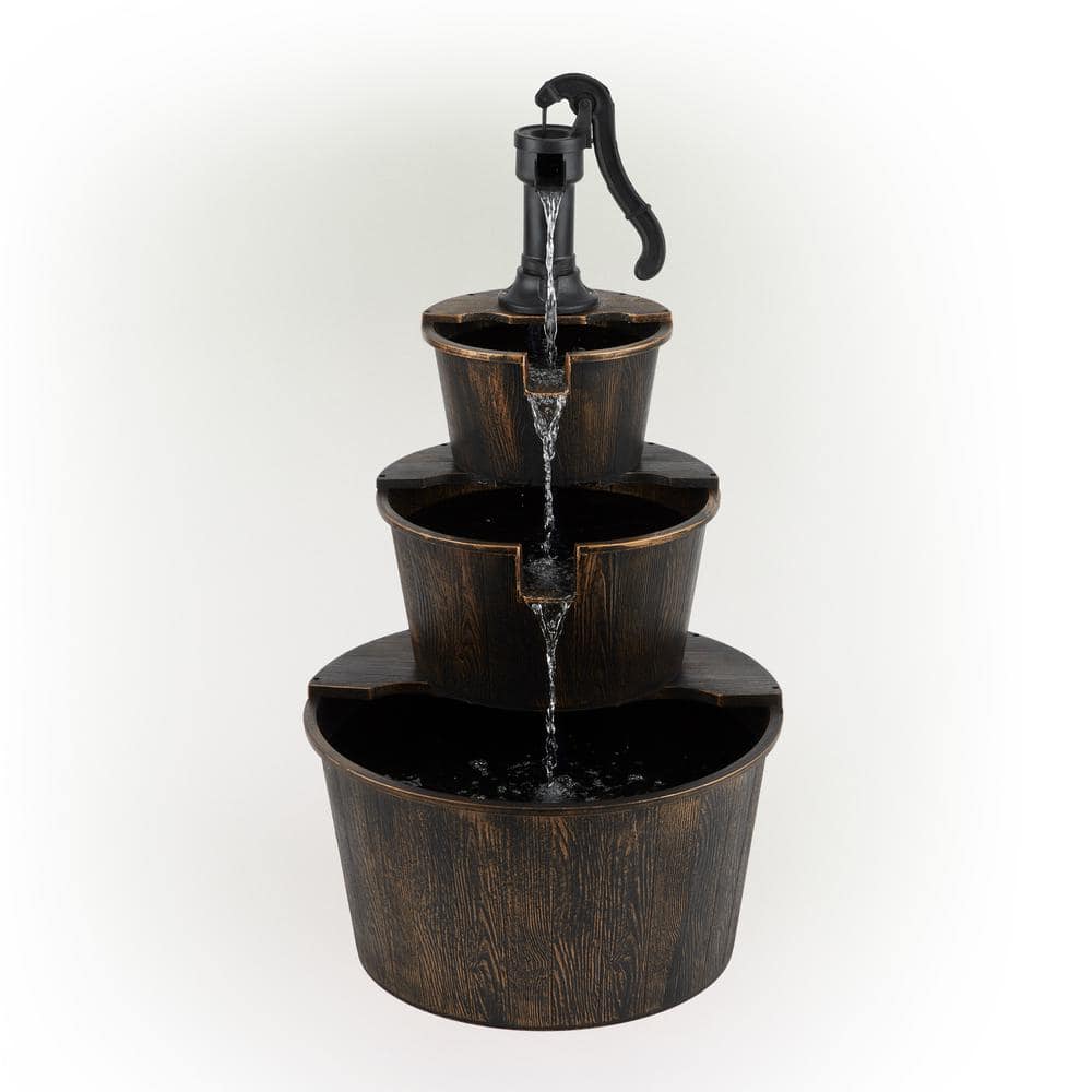 Alpine Corporation 40 in. Tall Outdoor 3-Tier Barrel Pump Waterfall Fountain, Brown TEC234BR