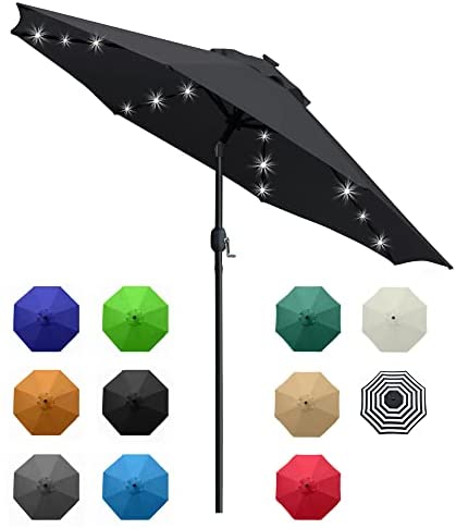 Sunnyglade 9′ Solar LED Lighted Patio Umbrella with 8 Ribs/Tilt Adjustment and Crank Lift System (Black)