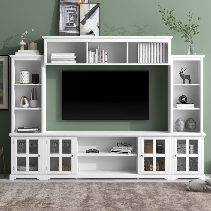 Minimalism Style Entertainment Wall Unit with Bridge  Modern TV Console Table  Multifunctional TV Stand with Tempered Glass Door