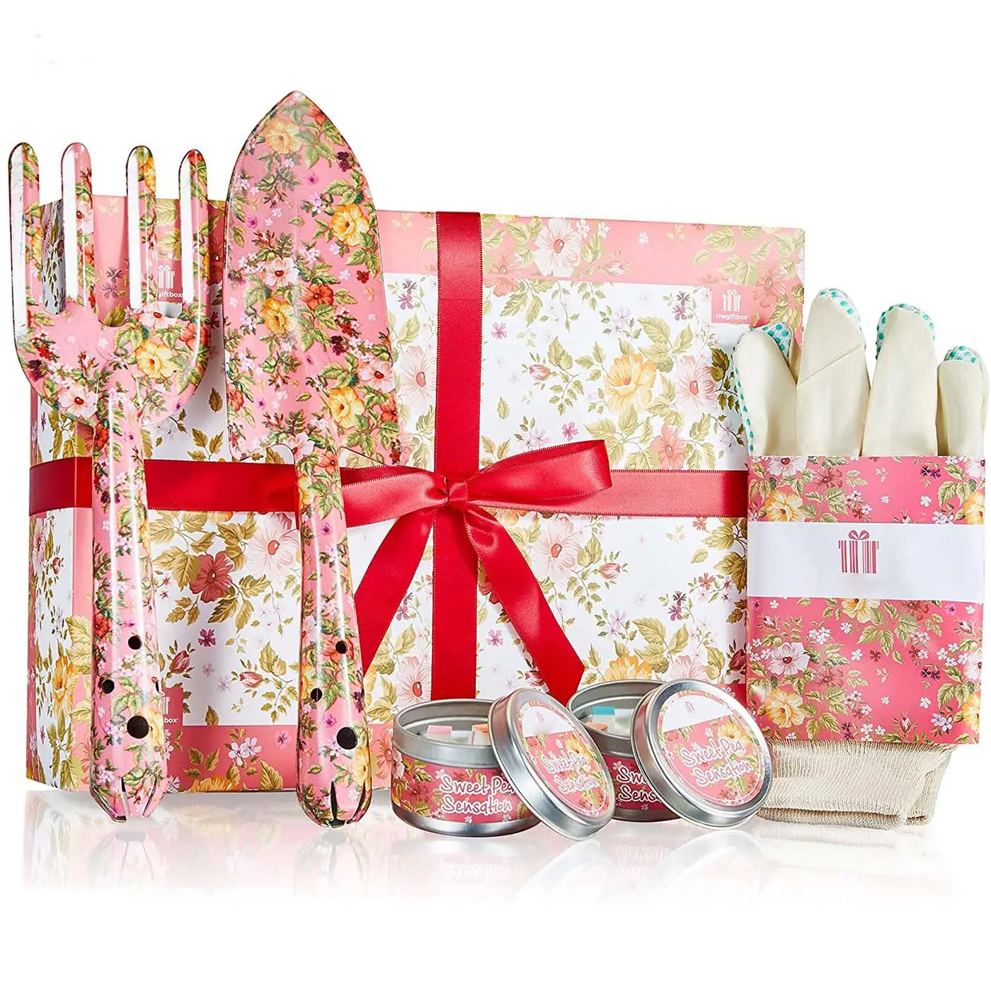 Wholesales 5Pcs Garden Tools Set with Floral Print Including Trowel Fork 2 Candles and Gloves Mother's Day Birthday Gifts