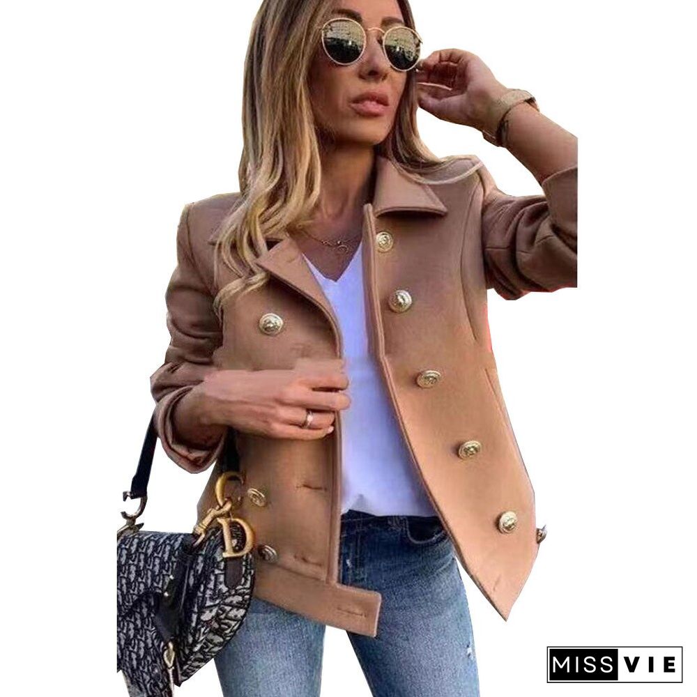 Fashion Winter Jacket Women Slim Long-sleeved Double-breasted Suit Collar Woolen Coat Tweed Jacket