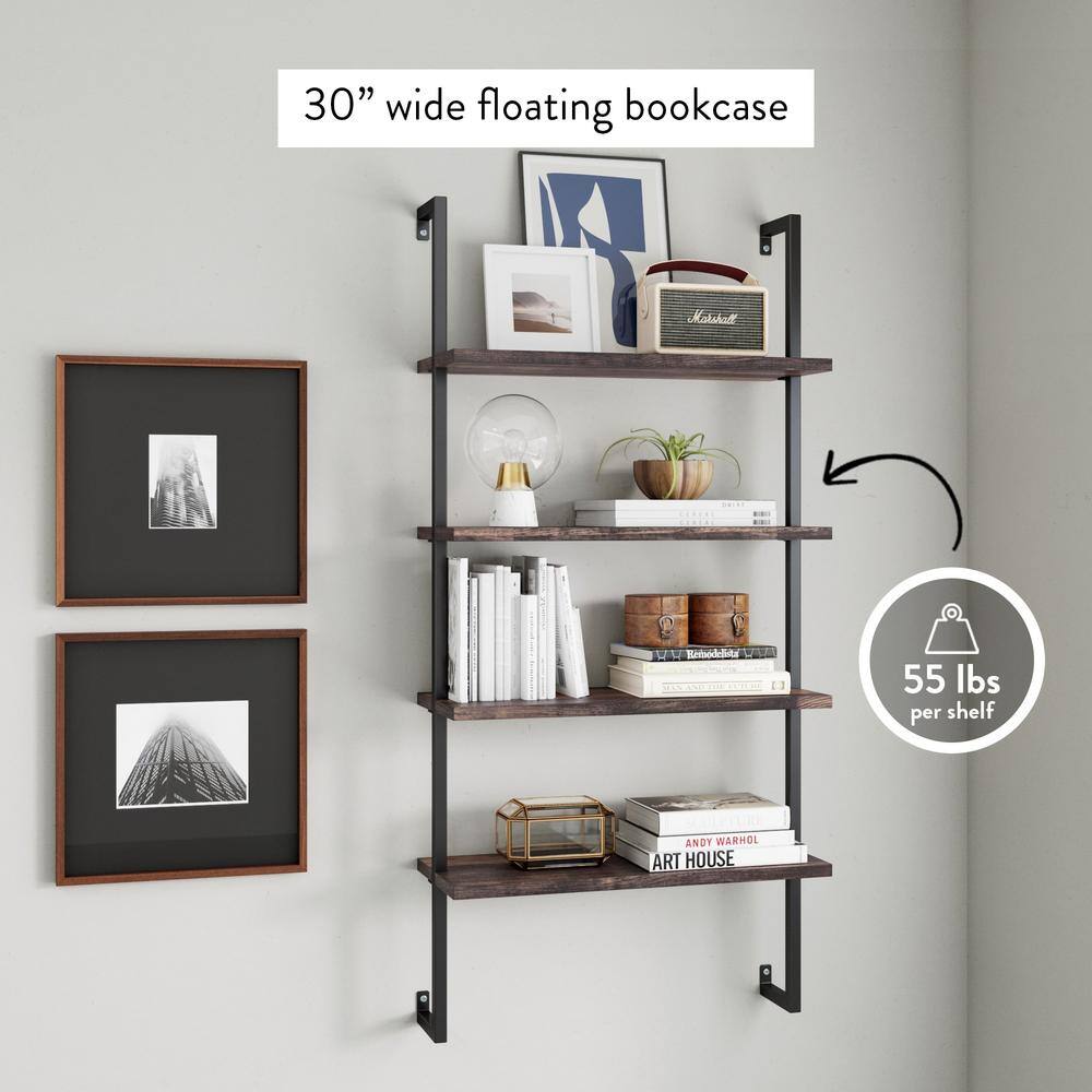 Nathan James Theo Nutmeg Brown 4-Shelf Wood 64 in. Black Pipe Metal Frame Floating Wall Mount Shelves Bookcase 65701