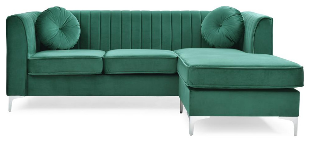 Delray 87 in. Green Velvet L Shape 3 Seater Sectional Sofa with 2 Throw Pillow   Midcentury   Sectional Sofas   by BisonOffice  Houzz