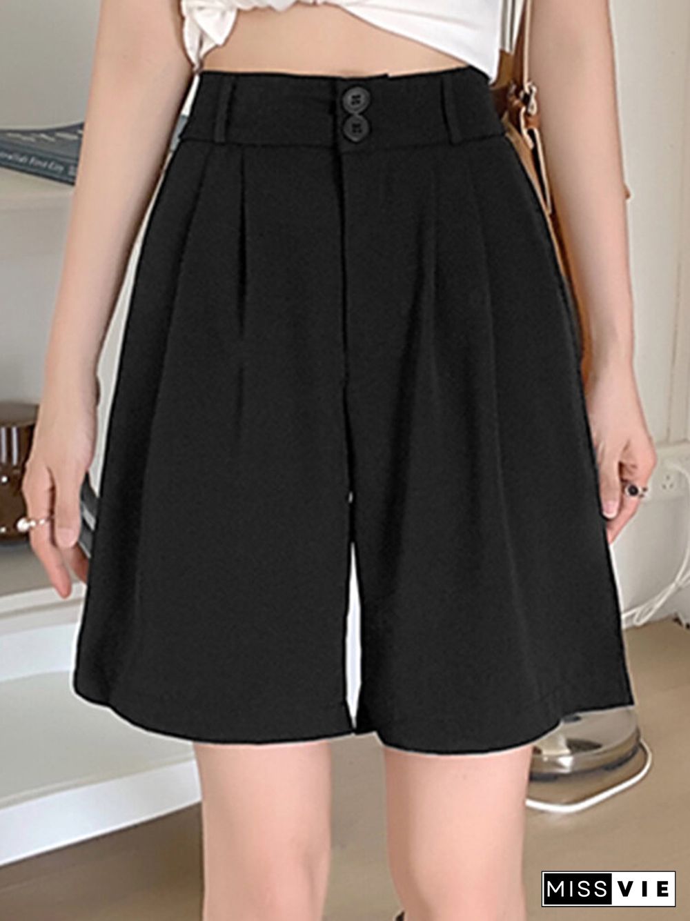 Women Casual Solid Pocket Pleated Wide Leg Shorts