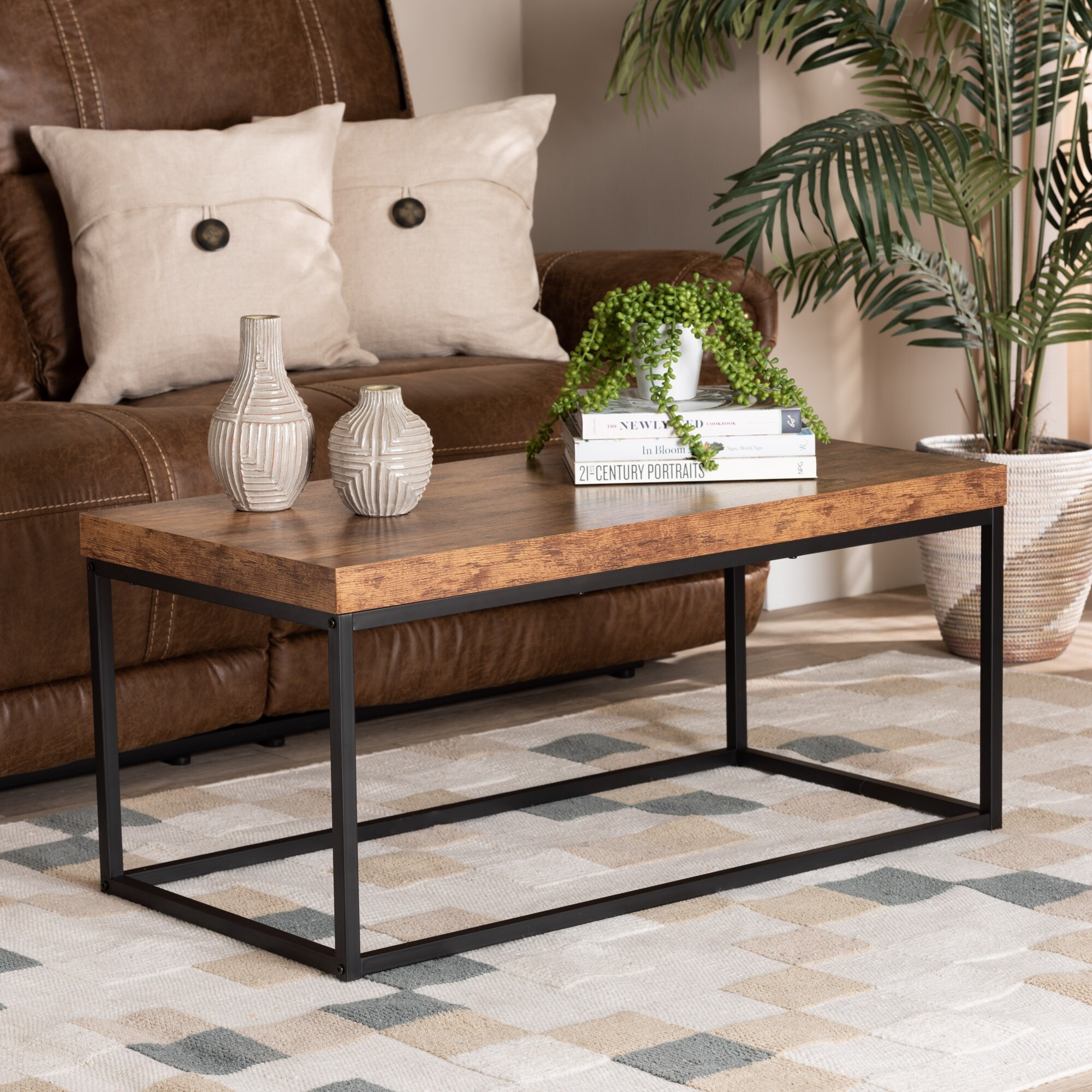 Bardot Industrial Wood and Metal Coffee Table-Walnut Brown/Black