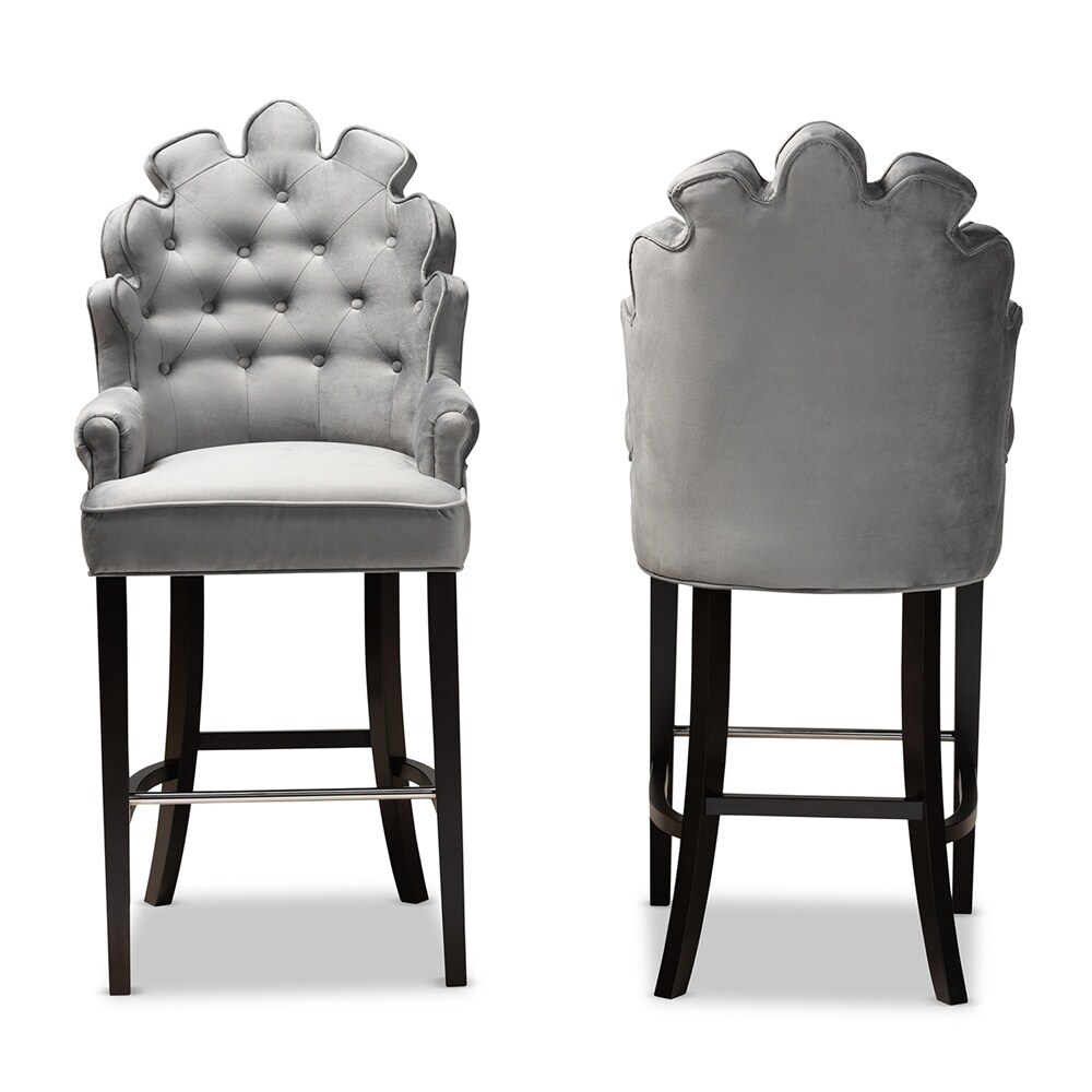 Chloe Modern and Contemporary Dark Grey Velvet Upholstered and Dark Brown Finished Wood 2 Piece Bar Stool Set