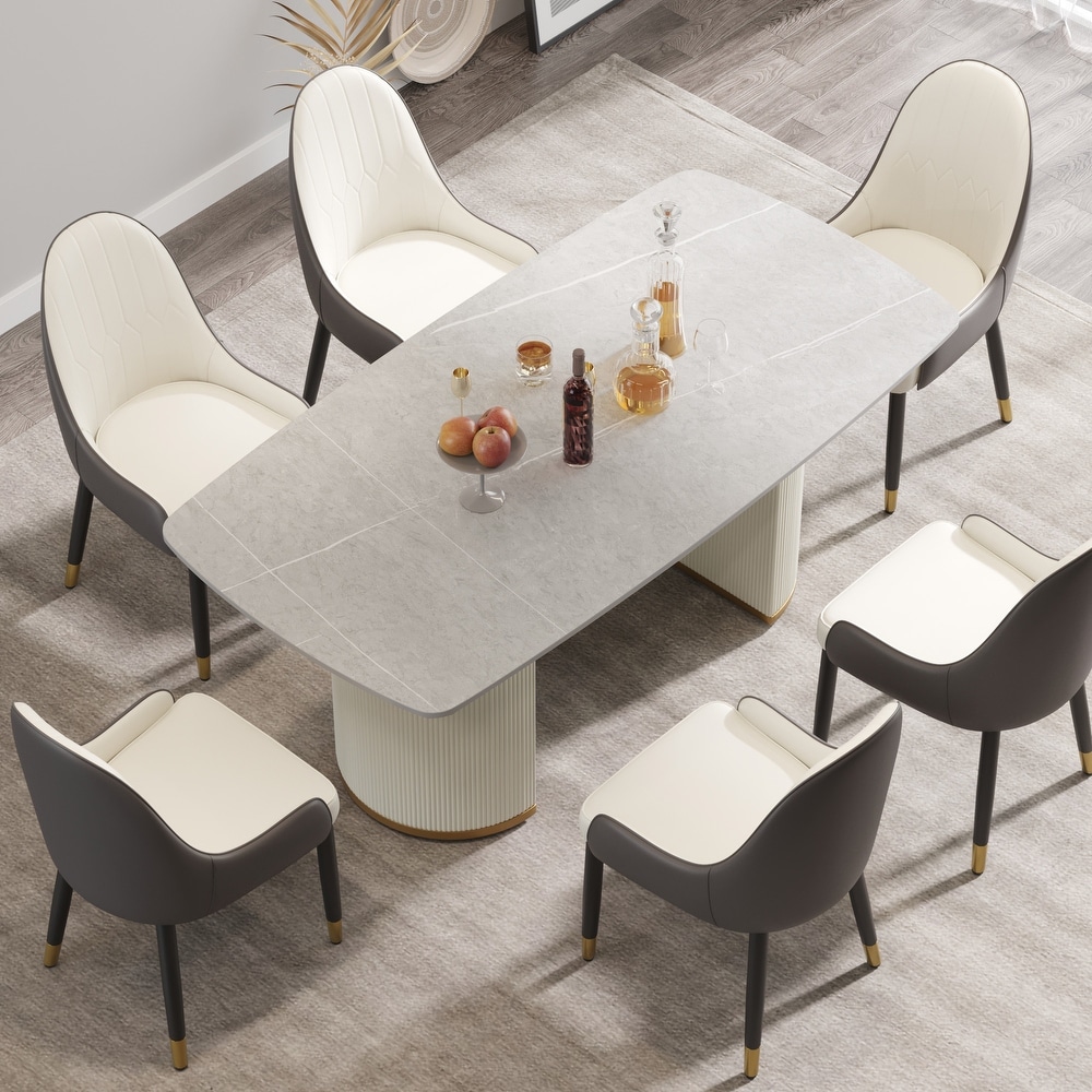 71 '' Modern Dining Table for 8  Rectangular Curved Marbel Tabletop + Beige Double Pedestal   N/A