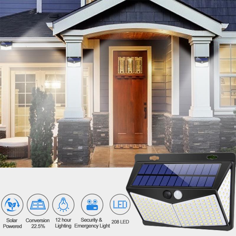 Outdoor Security Wall Light 2 PACK Solar Powered， 208 LED Solar Garden Wall Light Powered PIR Motion Sensor Wall Light for Front Door， Backyard， Patio， Garden Both Side