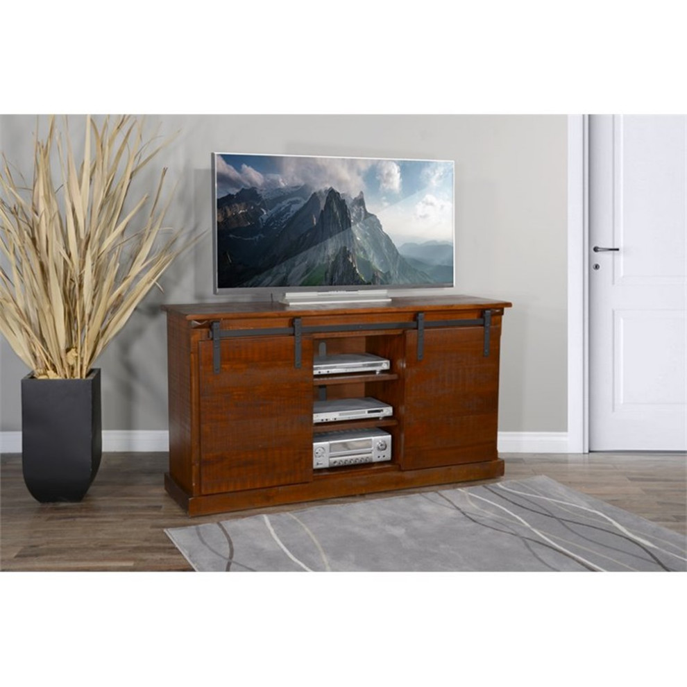 Pemberly Row 65 quotBarn Door Farmhouse Wood TV Console in Dark Chocolate   Industrial   Entertainment Centers And Tv Stands   by Homesquare  Houzz