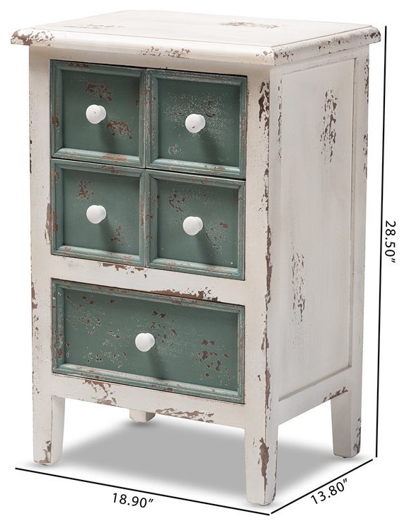 Baxton Studio Angeline Farmhouse 5 Drawer Wood End Table in White and Teal   Farmhouse   Accent Chests And Cabinets   by HedgeApple  Houzz