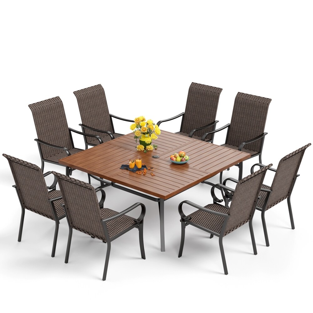 9 Piece Patio Dining Set  60 Inch Square Metal Table and 8 Rattan Dining Chairs