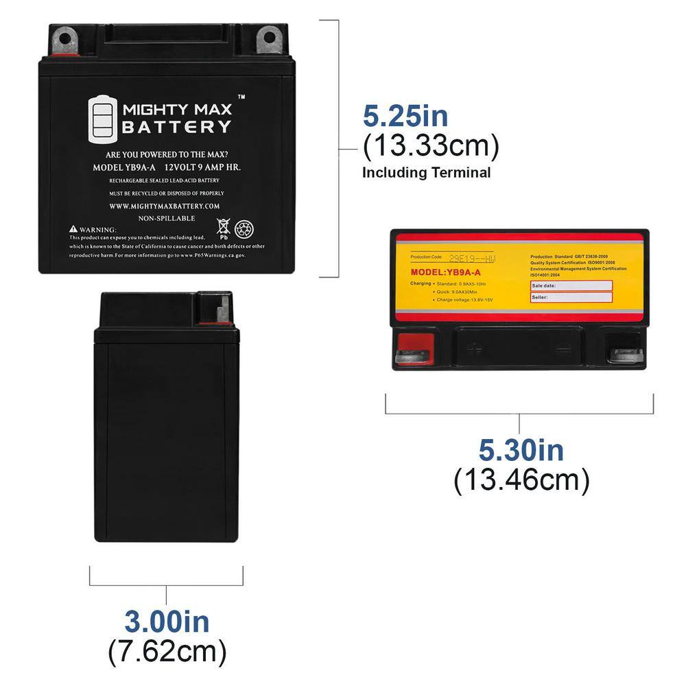 MIGHTY MAX BATTERY YB9A-A 12V 9AH Battery Replacement for Xtreme High Performance XT9A-A MAX3852551