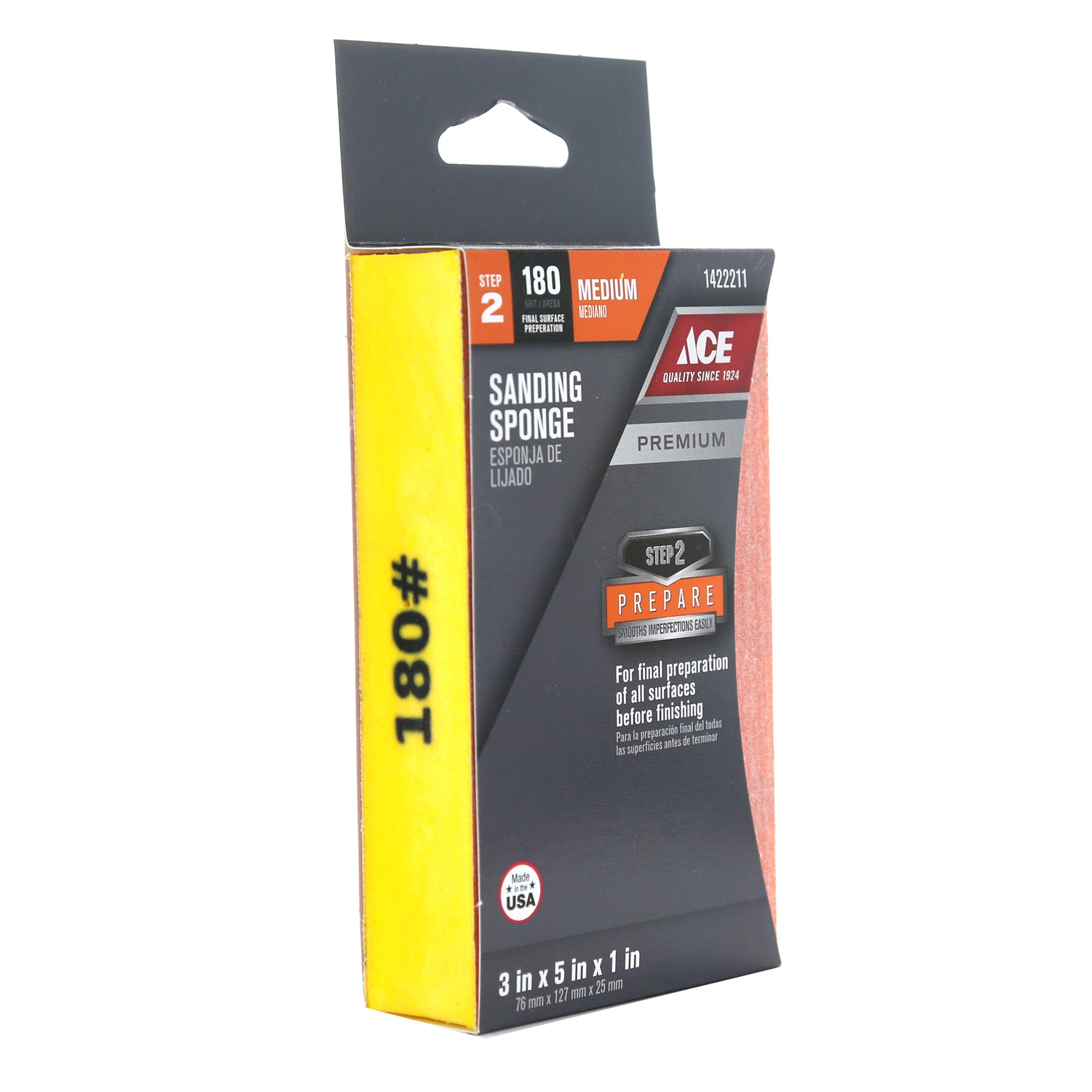 Ace Premium 5 in. L X 3 in. W X 1 in. 180 Grit Medium Block Sanding Sponge