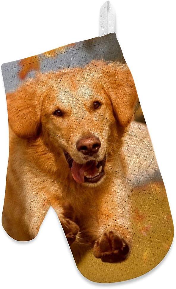 Insulation Kitchen Oven Mitts Potholder Apron 3pcs Set Golden Retriever Jump Through Leaves Non Slip Heat Resistant Gloves Baking Cooking Bbq