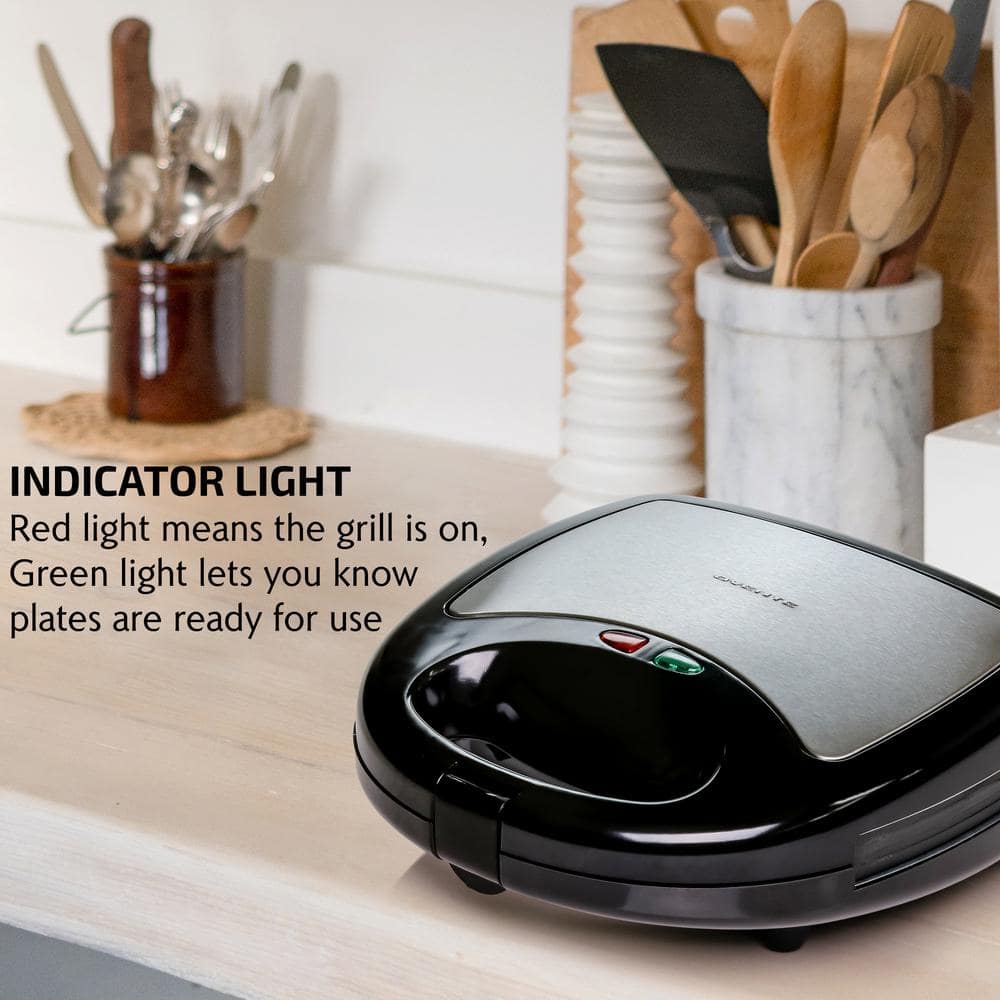 OVENTE 3-in-1 Electric Sandwich Maker Detachable Non-Stick Waffle and Plates, 750-Watts, LED Indicator Lights, GPI302 Black GPI302B