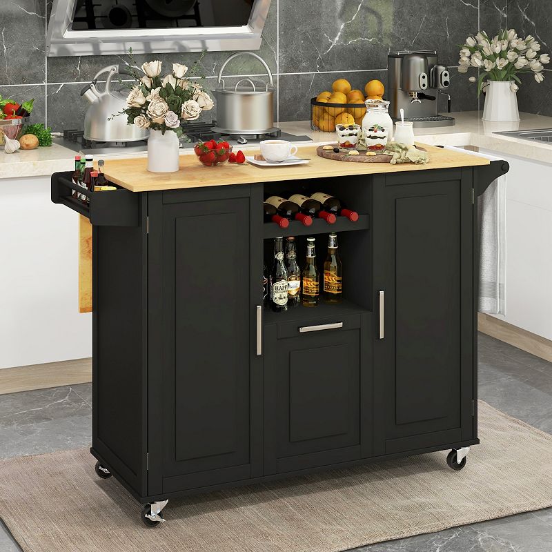 Rolling Kitchen Island Cart with Drop-Leaf Countertop ad Towel Bar-Black