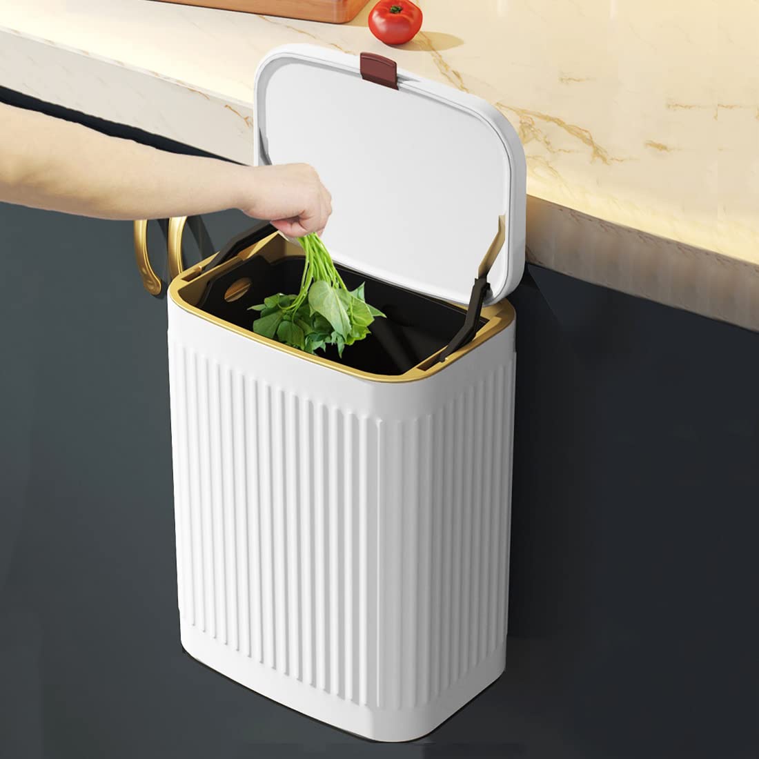 Hanging Trash Can with Lid, 2 gal Stainless Steel Kitchen Compost Bin with Inner Wastebasket ( White )