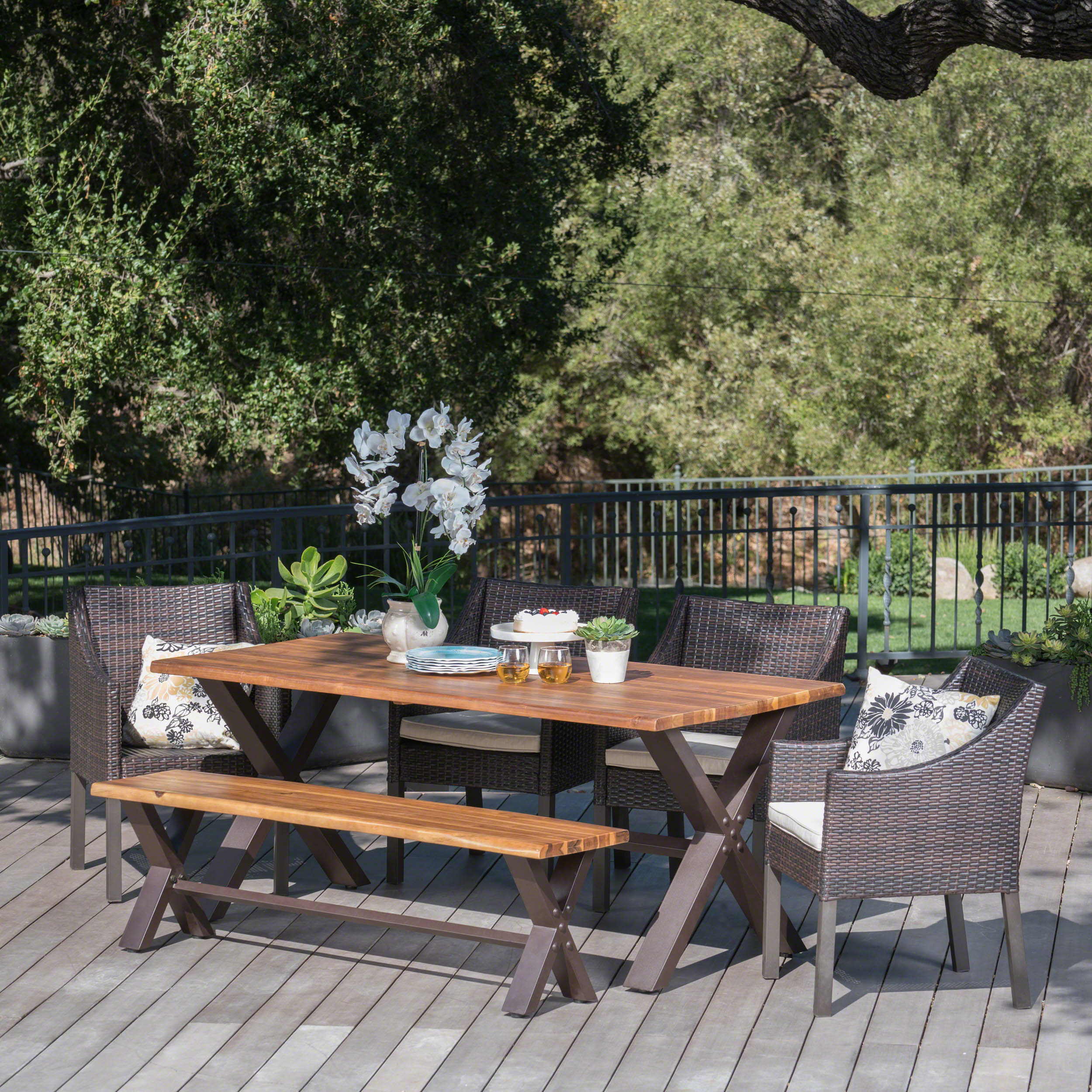 Helen Outdoor 6 Piece Teak Finished Acacia Wood Dining Set