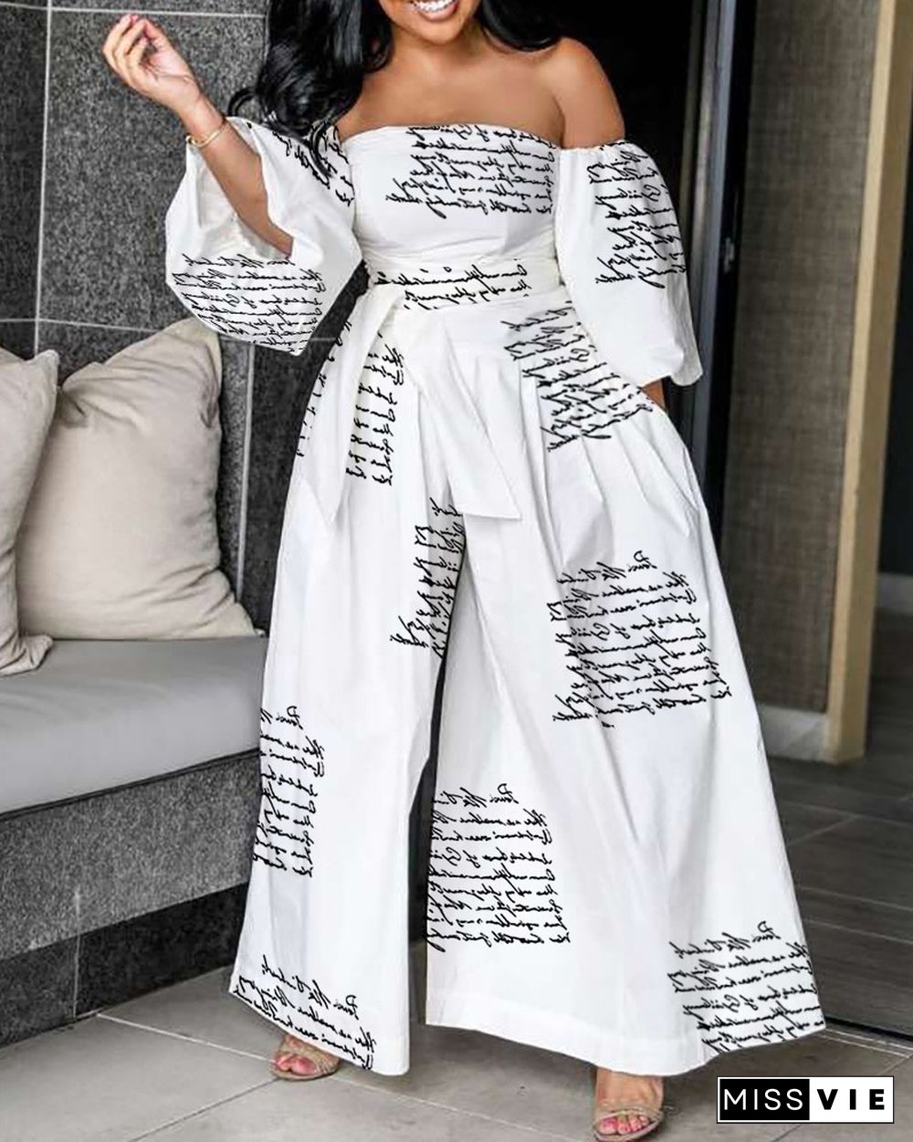 Letter Print Off Shoulder Lantern Sleeve Wide Leg Jumpsuit