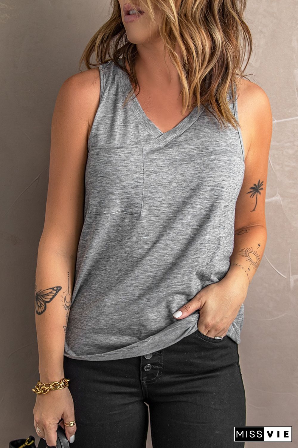 Gray V Neck Racerback Tank Top with Pocket