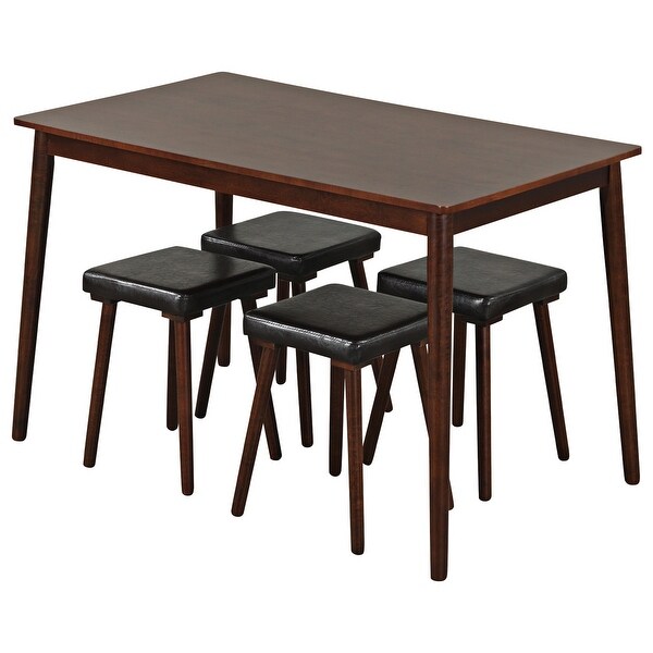 Gymax 5PCS Dining Table Set for 4 w/ 4 Upholstered Stools Rubber Wood