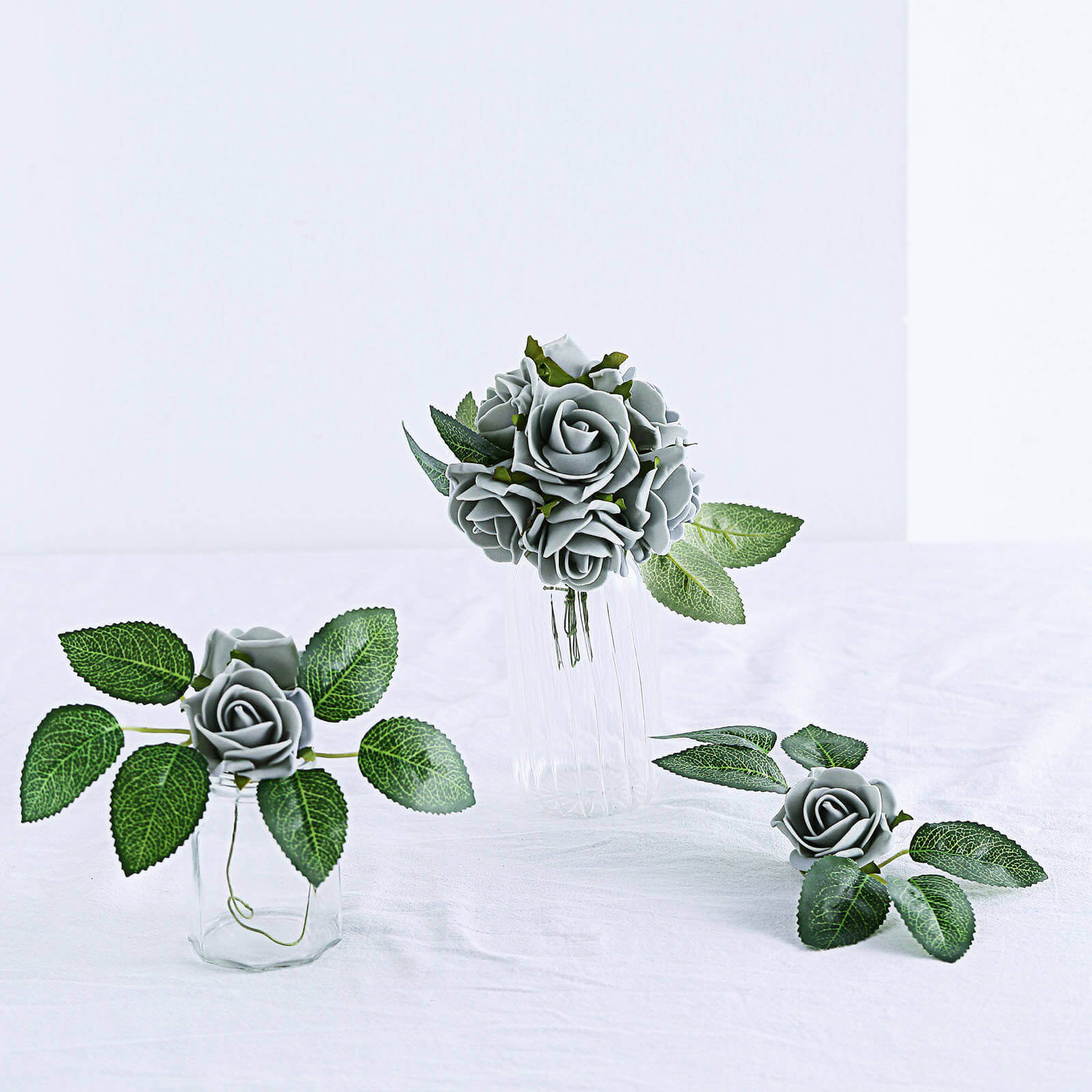 24 Roses Silver Artificial Foam Flowers With Stem Wire and Leaves 2