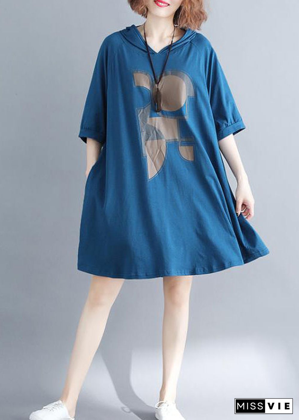 Plus Size Blue Hooded Print Cotton Sweatshirt Dress Summer