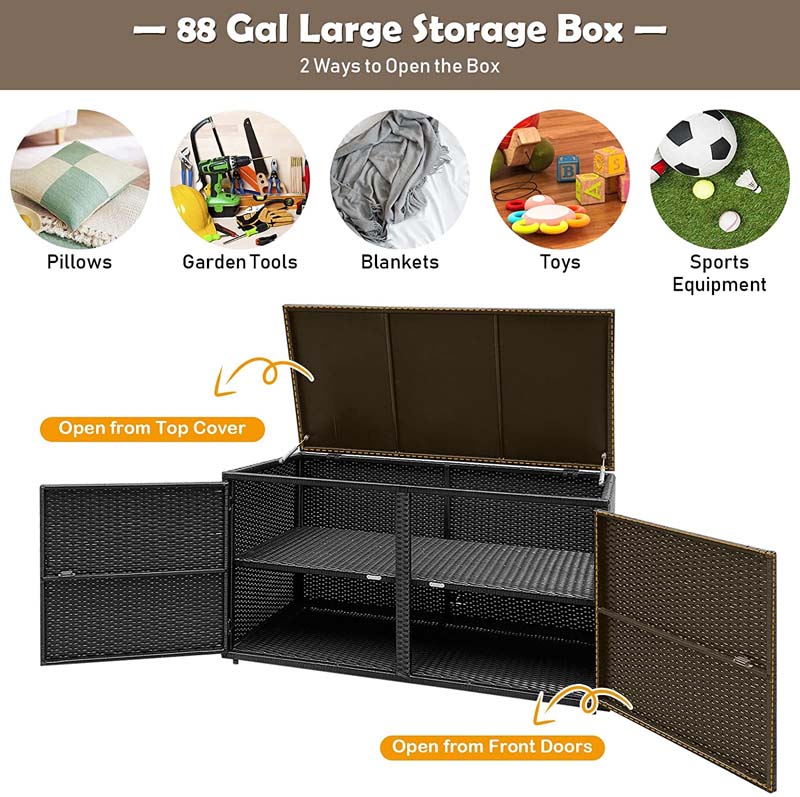 88 Gallon Patio Wicker Storage Box Rattan Deck Bench with Openable Door