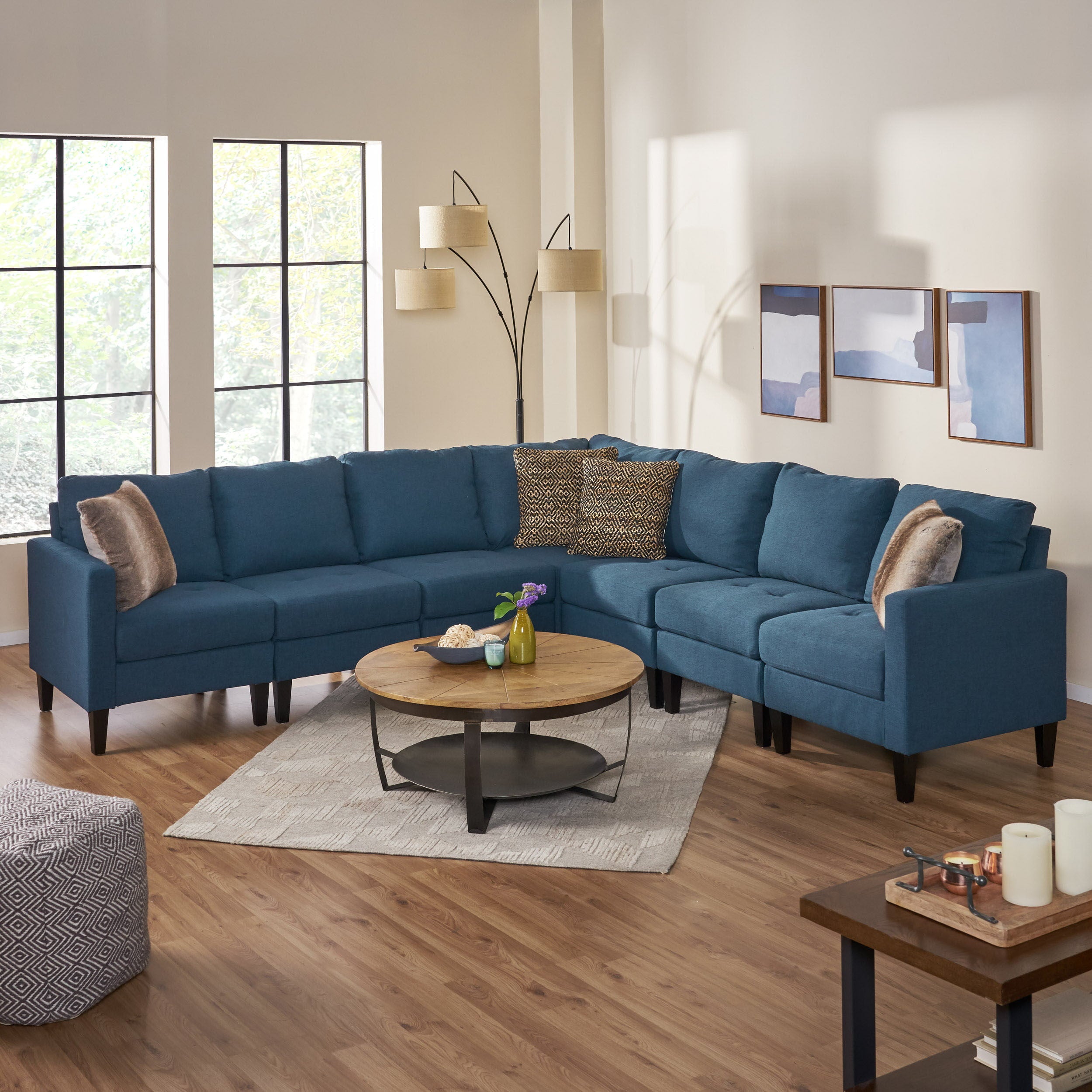 Carolina 7 Piece Fabric Sectional Couch, Dark Blue