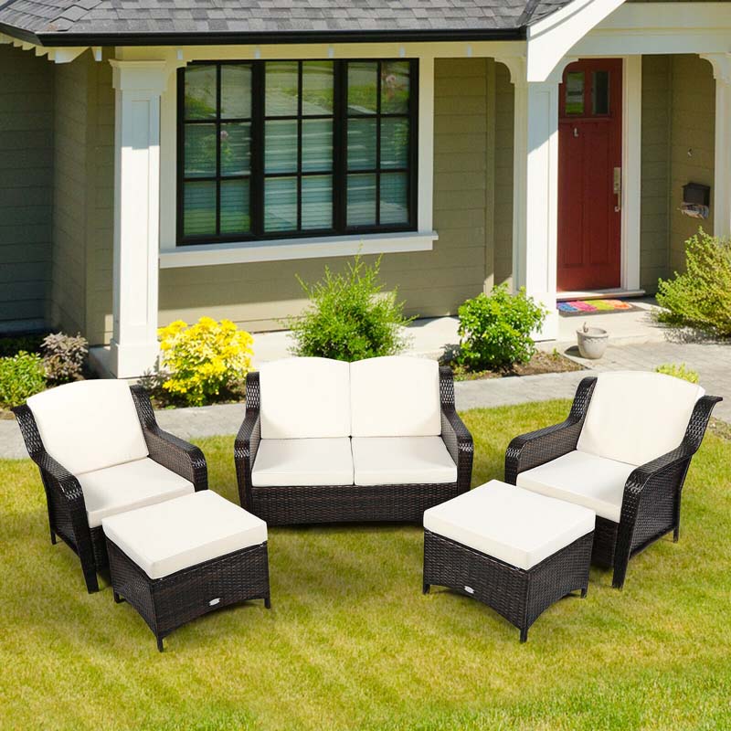 5 Pcs Rattan Wicker Patio Furniture Set with Loveseat, Single Sofas & Ottomans, Outdoor Conversation Sets