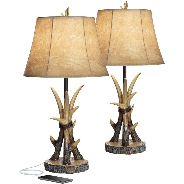 Tall Set Of 2 Natural Antler With Usb Charging Port Bell Shade For Bedroom Living Room Office