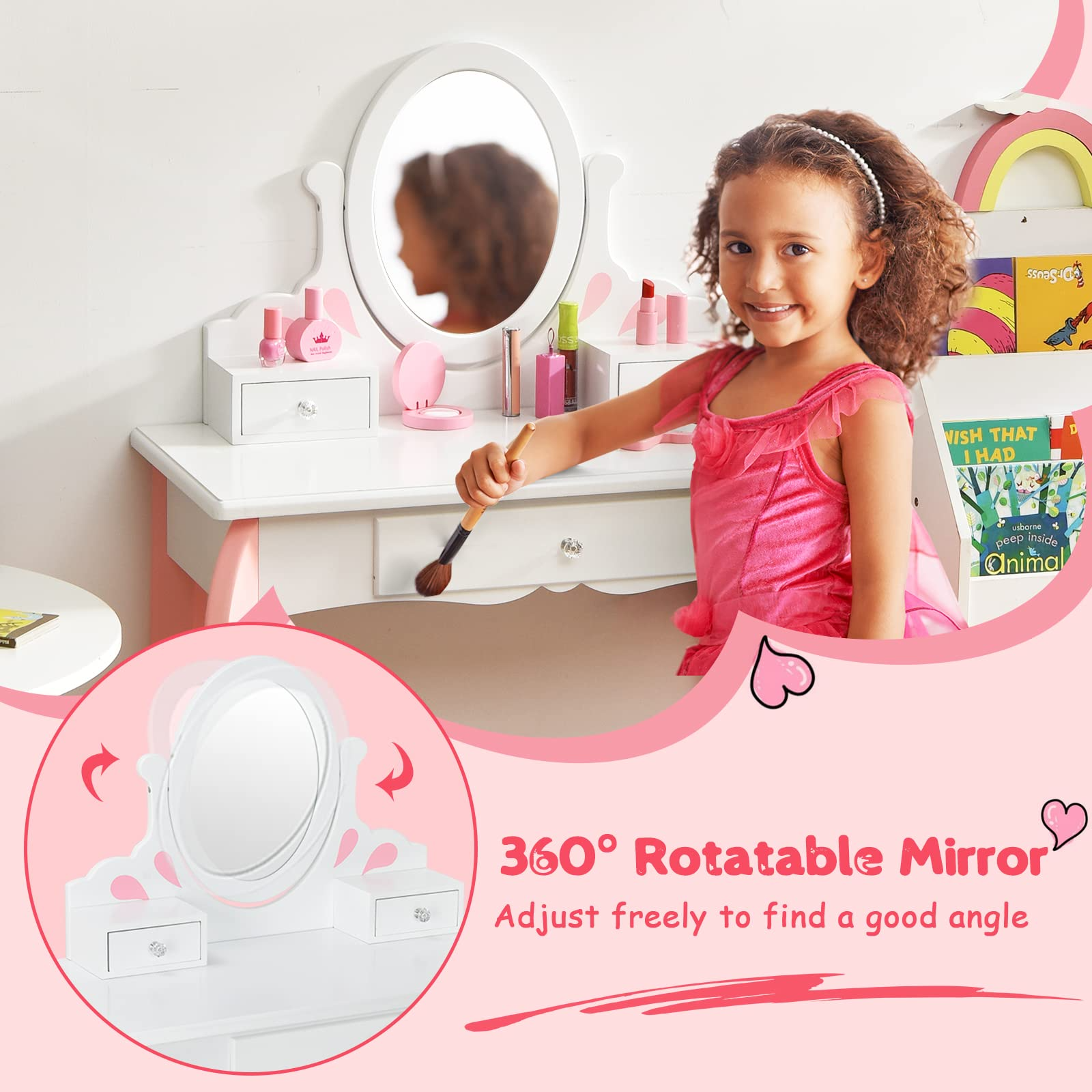 Costzon Kids Vanity Set with Mirror, 2 in 1 Princess Makeup Dressing Table w/ Detachable Top