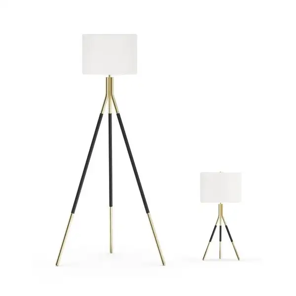 Tripod Floor Lamp and Table Lamp Set, Black and Gold - Black and Gold