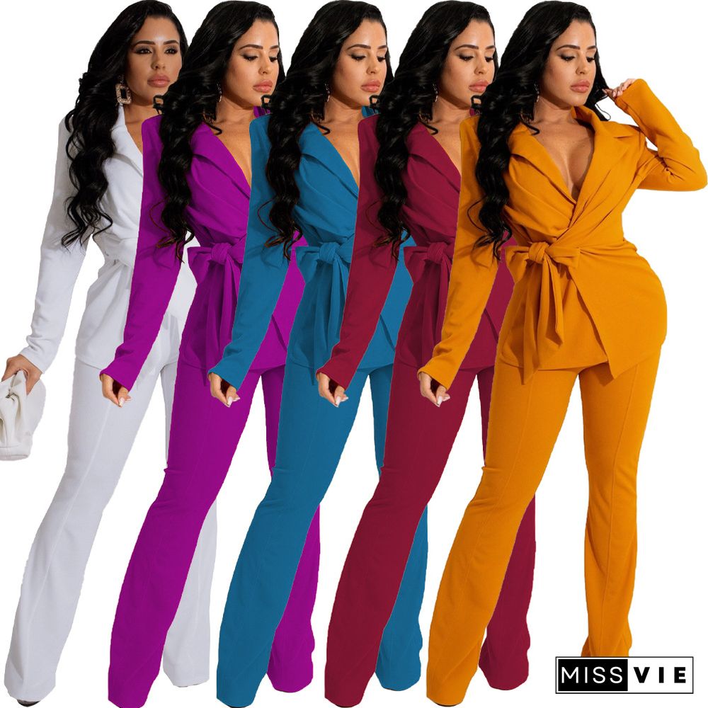 V Neck Lace Up Blazers Wide Leg Pants Work Wear Set